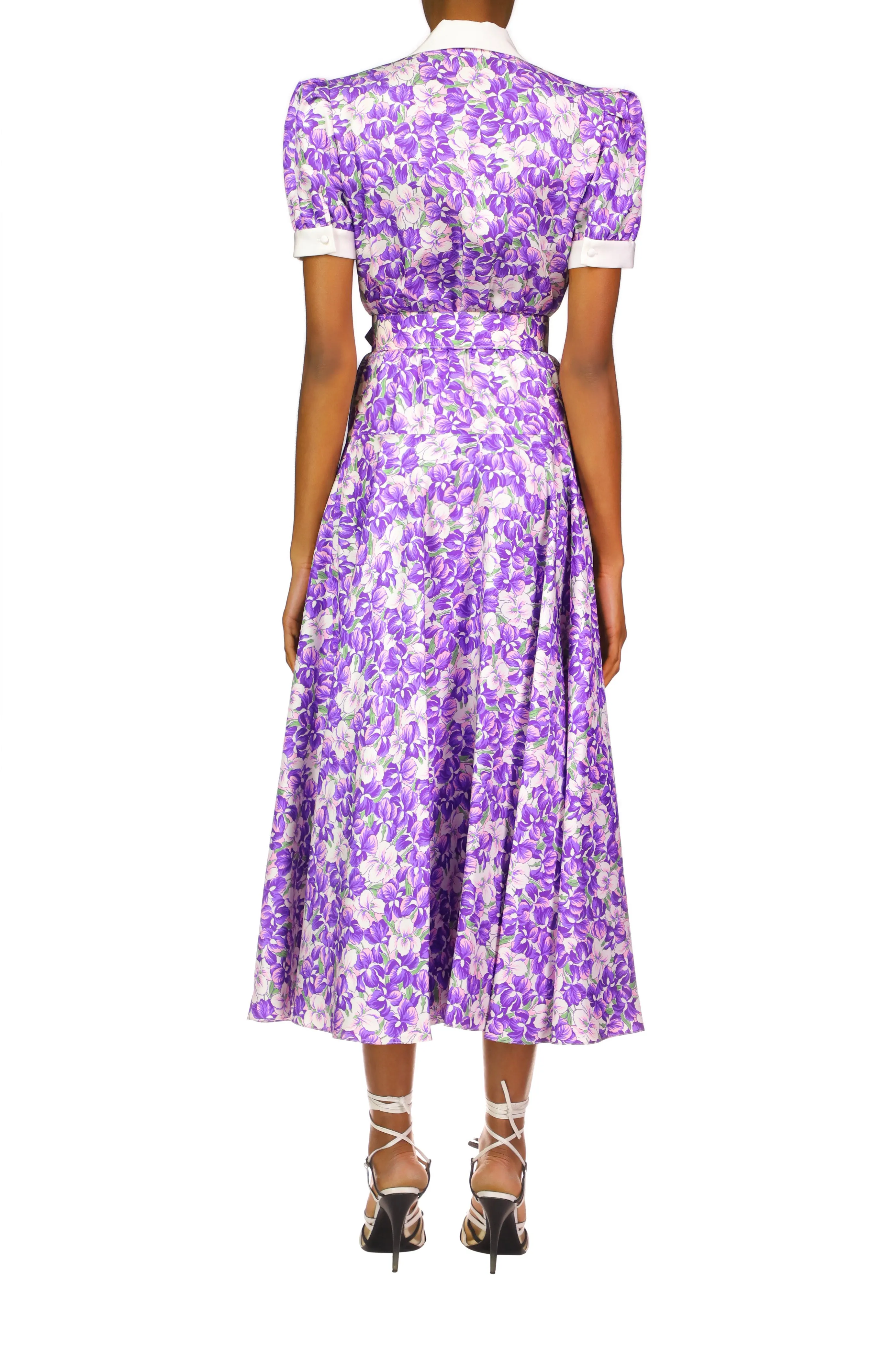 Purple Iris Printed Silk Twill Collared Dress With Belt Detail