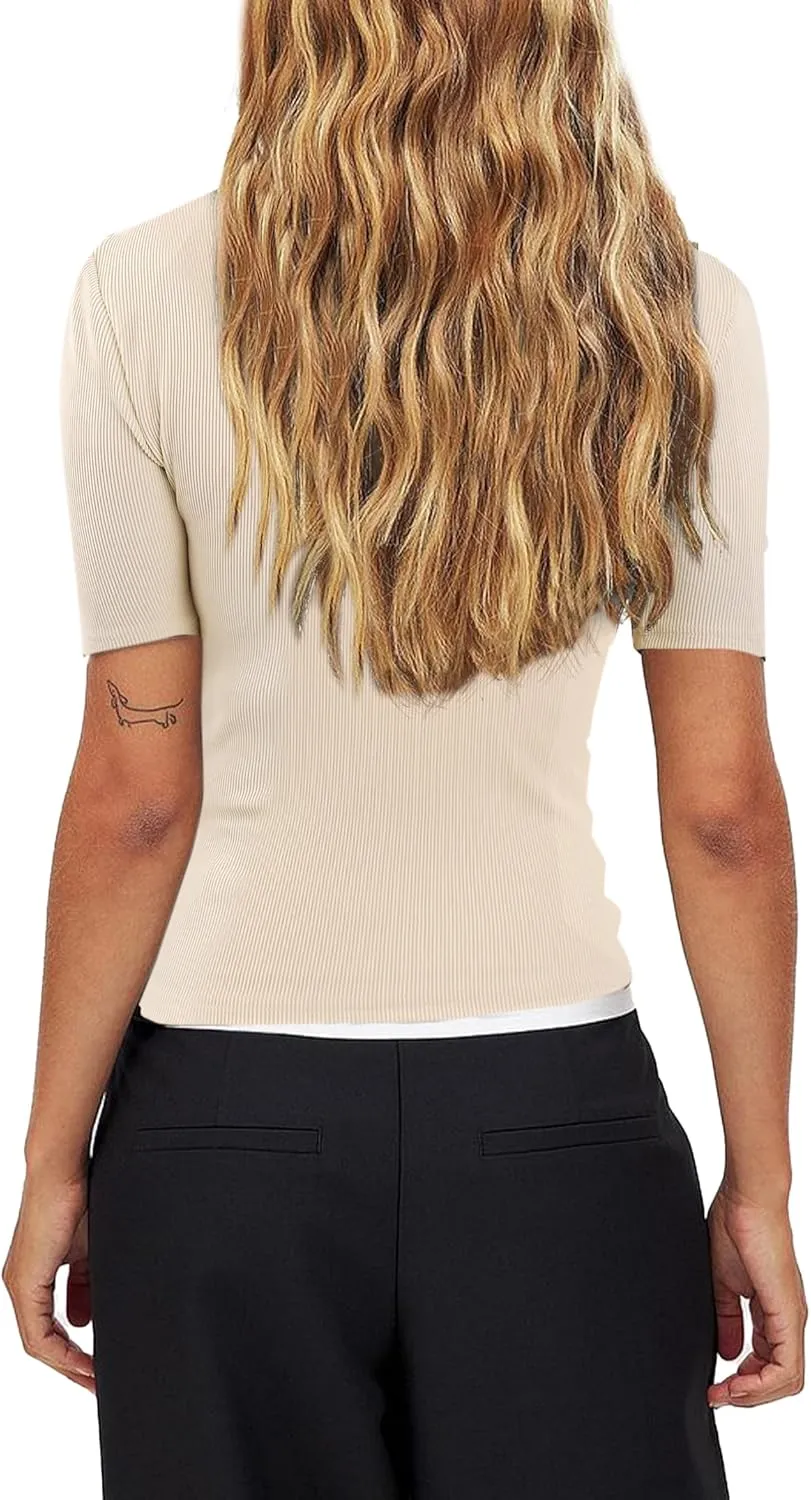 Remidoo Women's Casual Basic Tops Slim Fitted Ribbed Knit Short Sleeve Cropped Tee Crewneck Tight Shirts