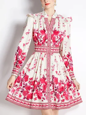 Rose Romantic Flower Print V Neck Long Sleeve Ruffles Holiday Dress For Women