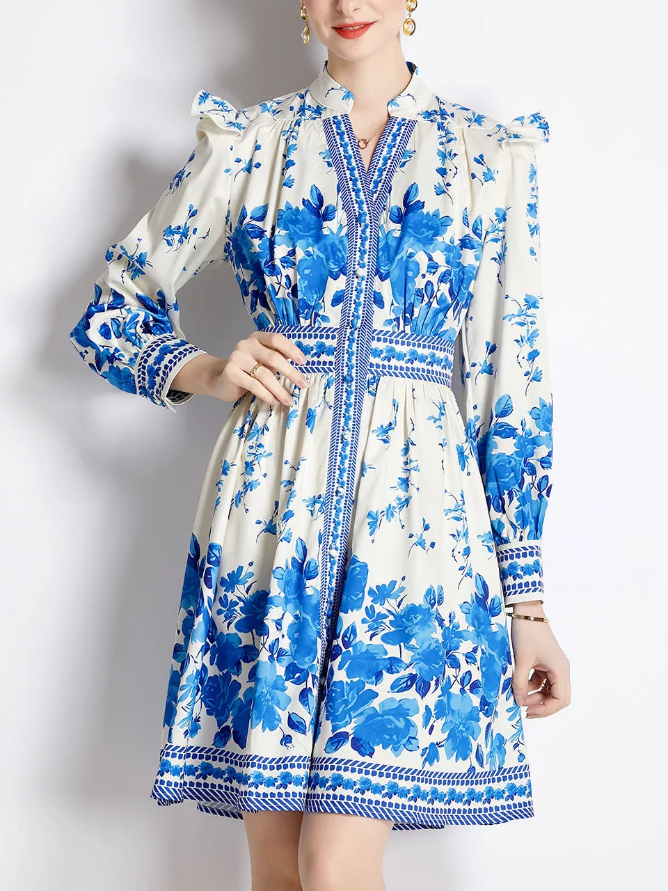 Rose Romantic Flower Print V Neck Long Sleeve Ruffles Holiday Dress For Women