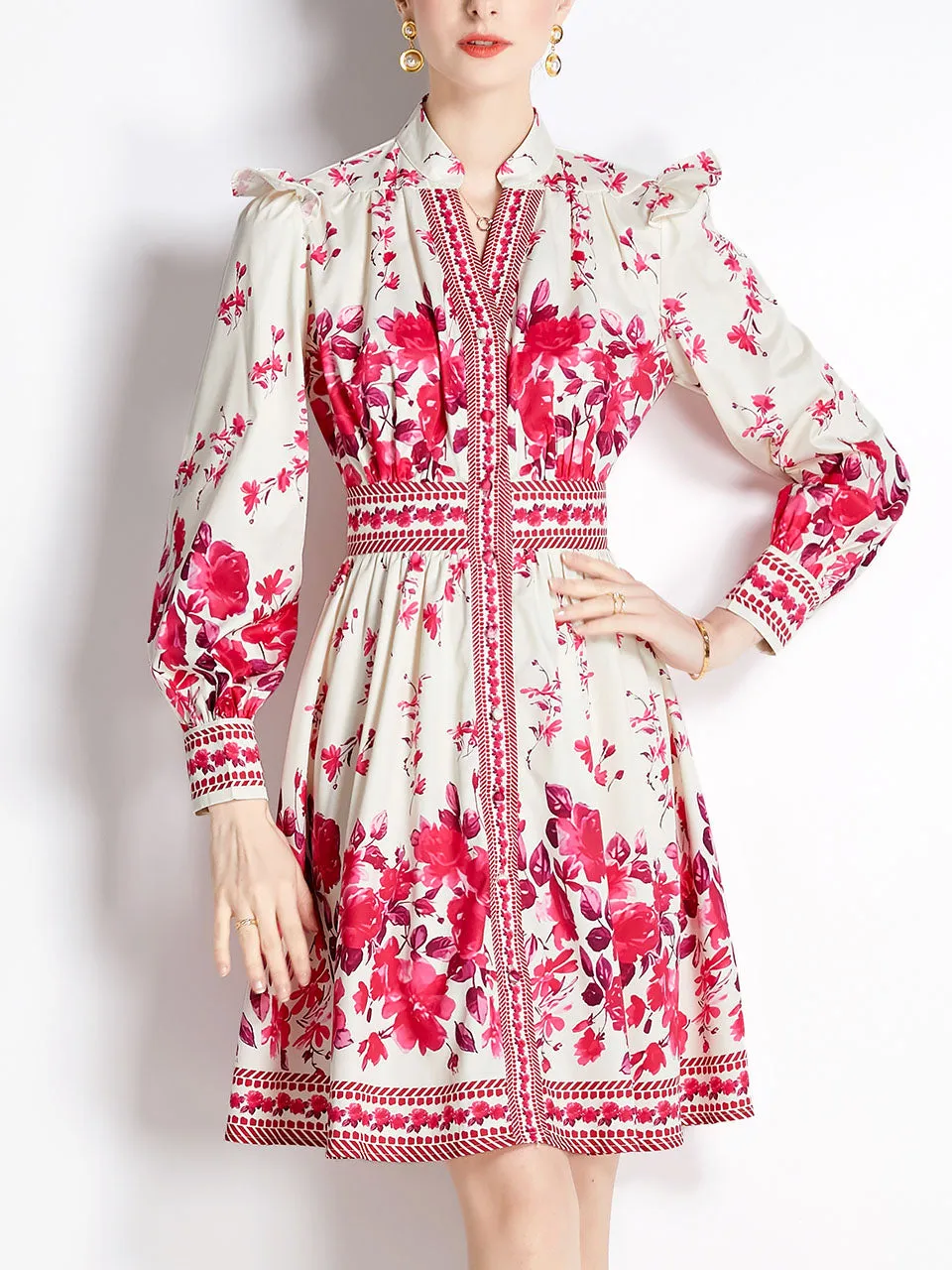 Rose Romantic Flower Print V Neck Long Sleeve Ruffles Holiday Dress For Women