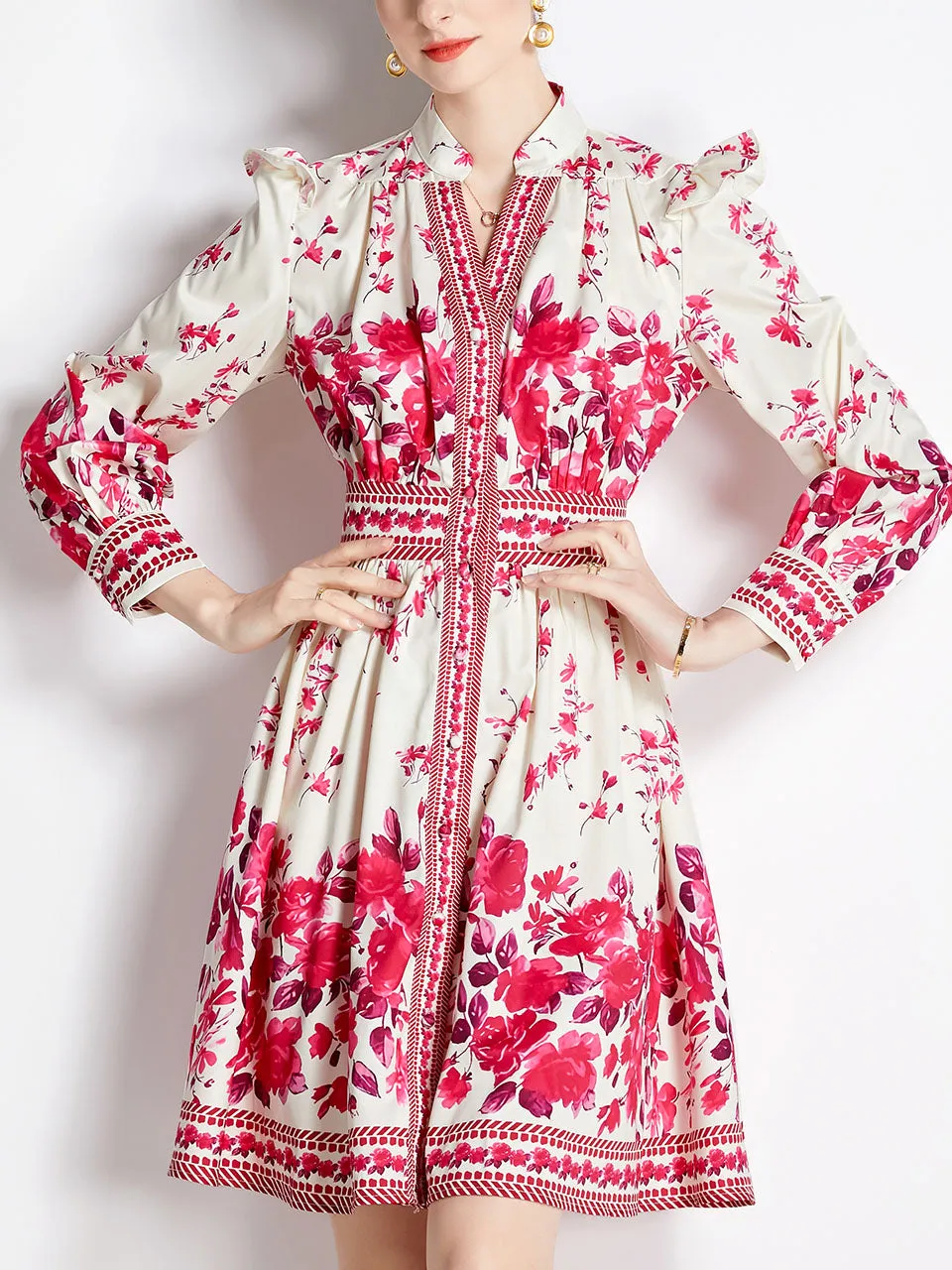Rose Romantic Flower Print V Neck Long Sleeve Ruffles Holiday Dress For Women