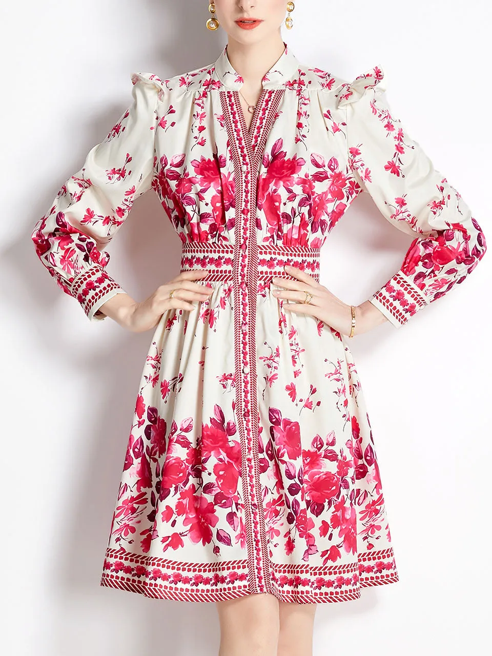 Rose Romantic Flower Print V Neck Long Sleeve Ruffles Holiday Dress For Women