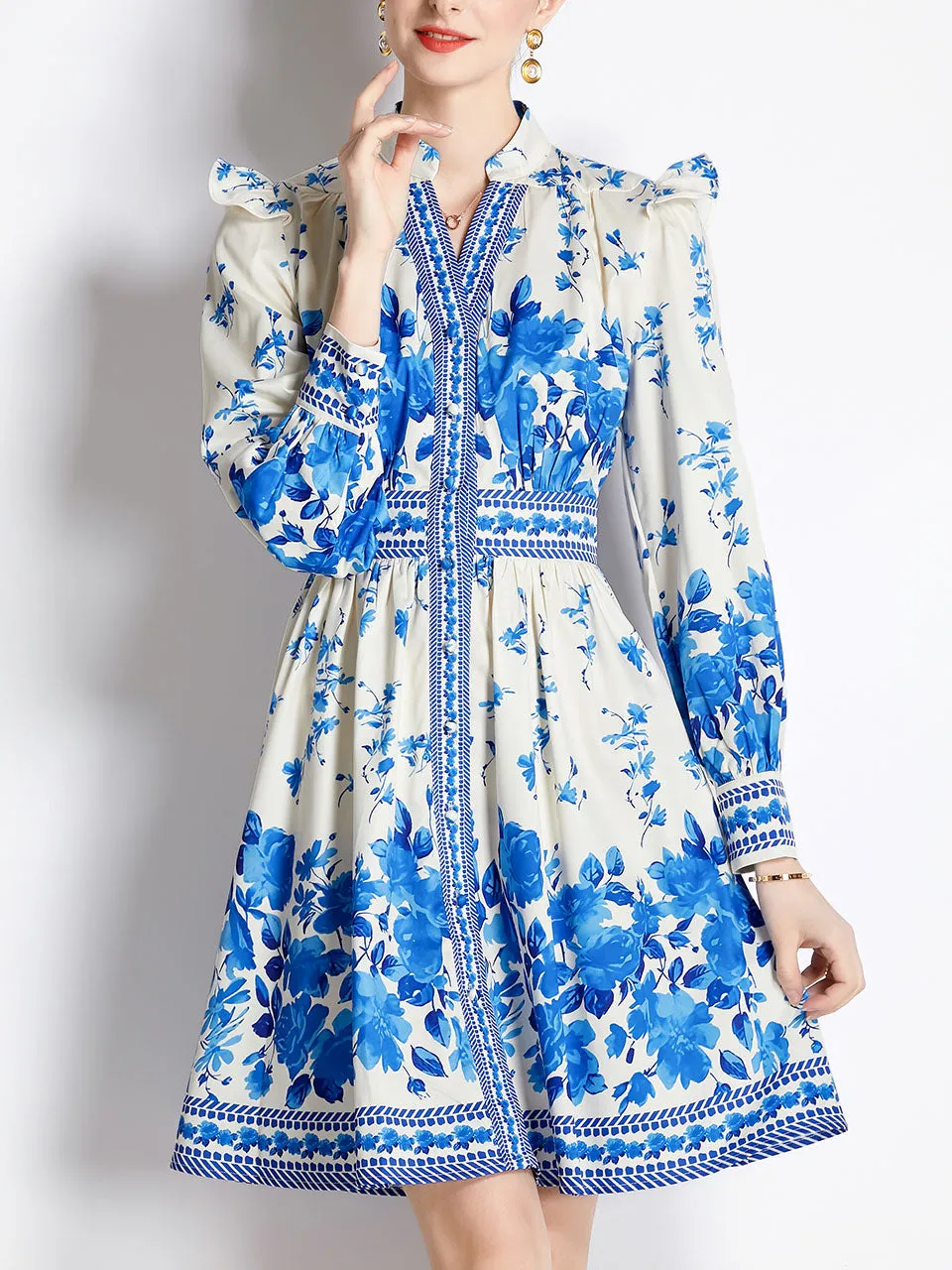 Rose Romantic Flower Print V Neck Long Sleeve Ruffles Holiday Dress For Women