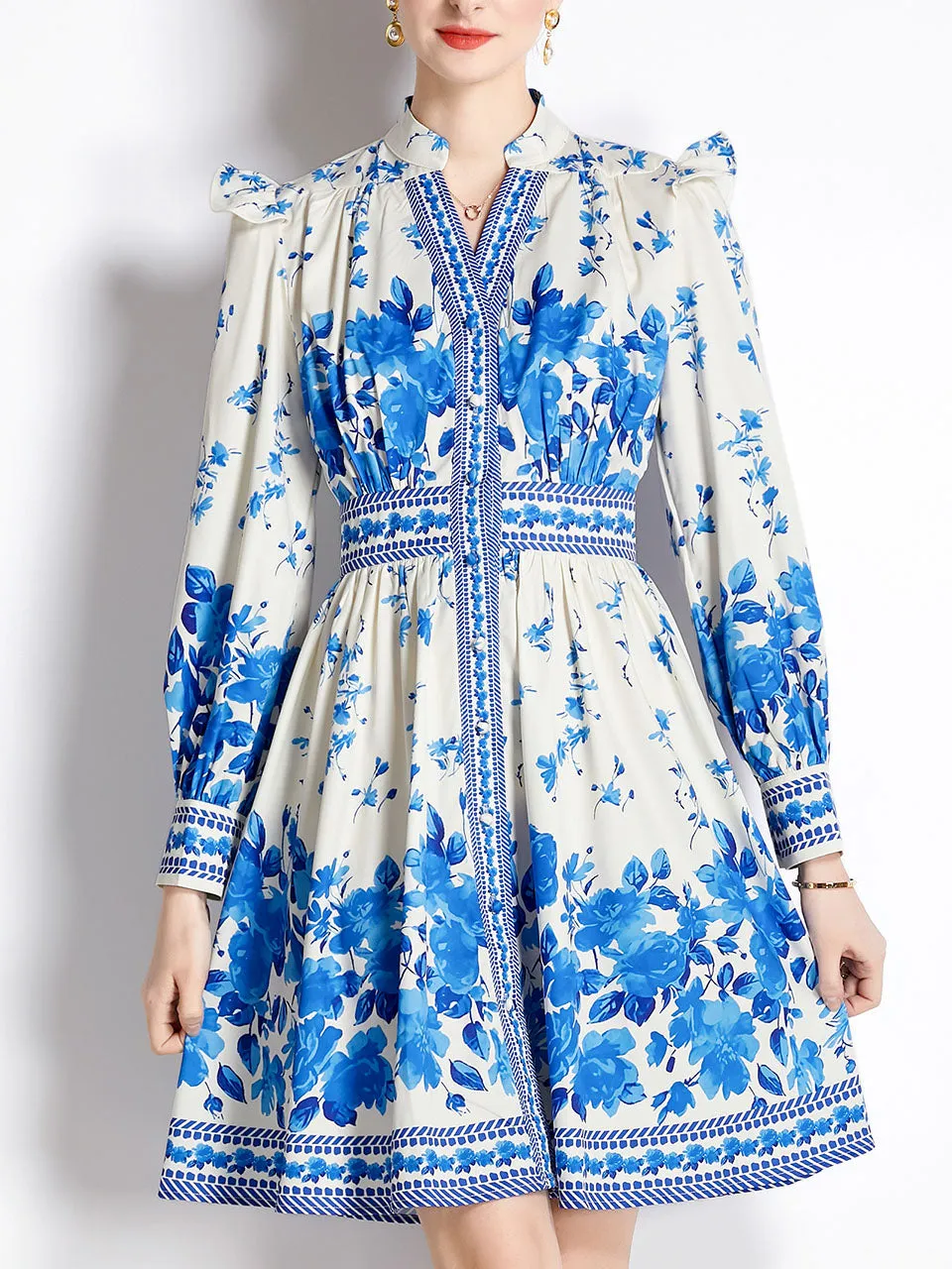 Rose Romantic Flower Print V Neck Long Sleeve Ruffles Holiday Dress For Women