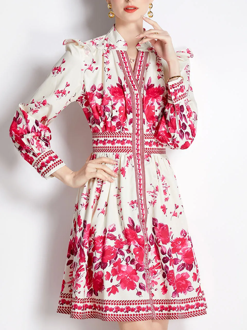 Rose Romantic Flower Print V Neck Long Sleeve Ruffles Holiday Dress For Women