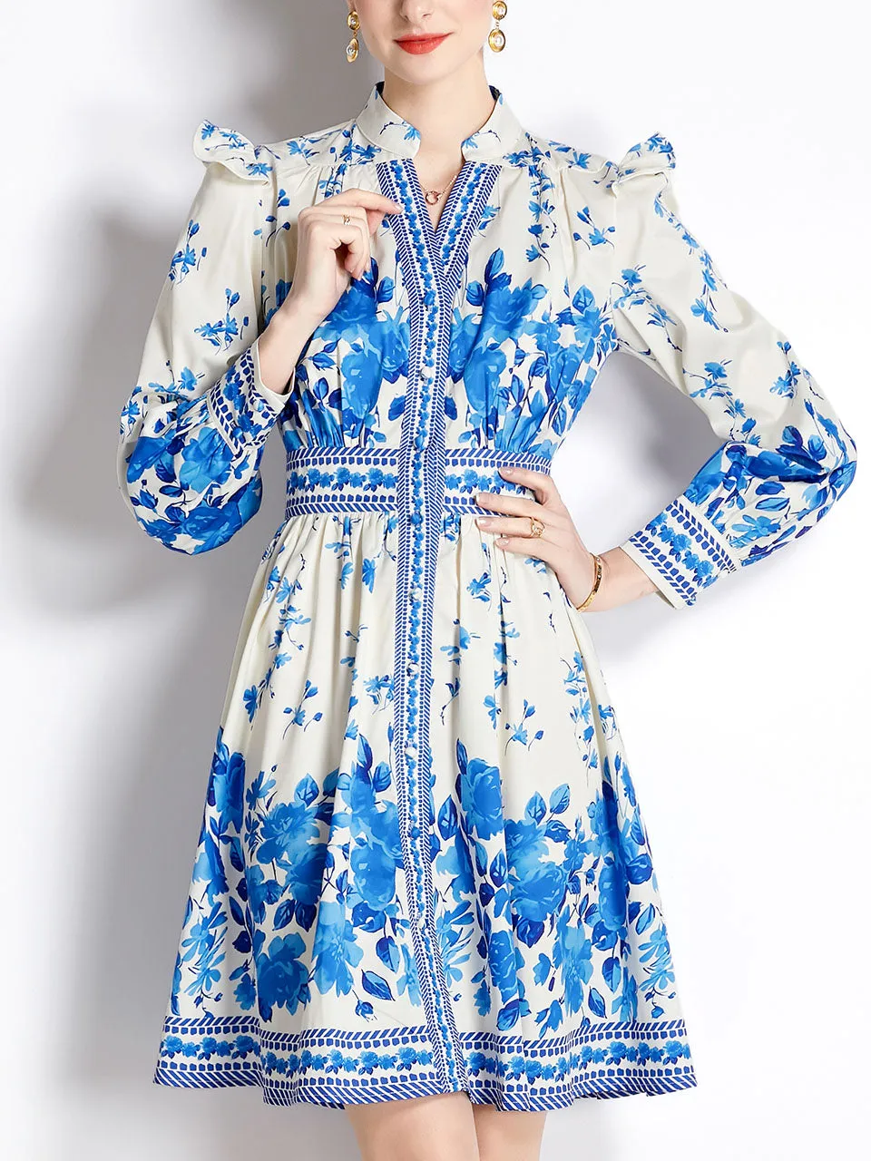 Rose Romantic Flower Print V Neck Long Sleeve Ruffles Holiday Dress For Women