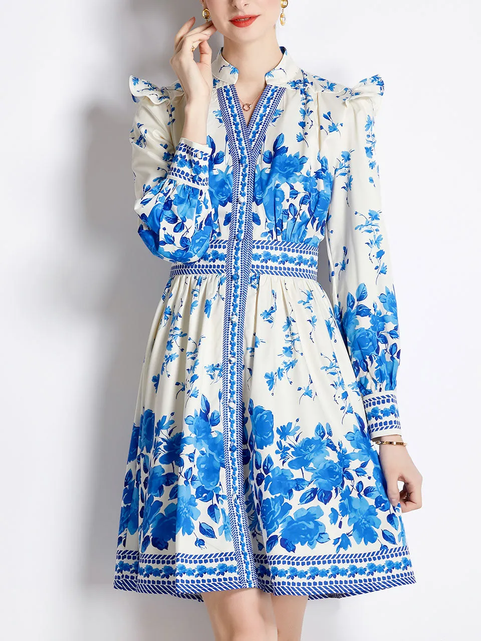Rose Romantic Flower Print V Neck Long Sleeve Ruffles Holiday Dress For Women