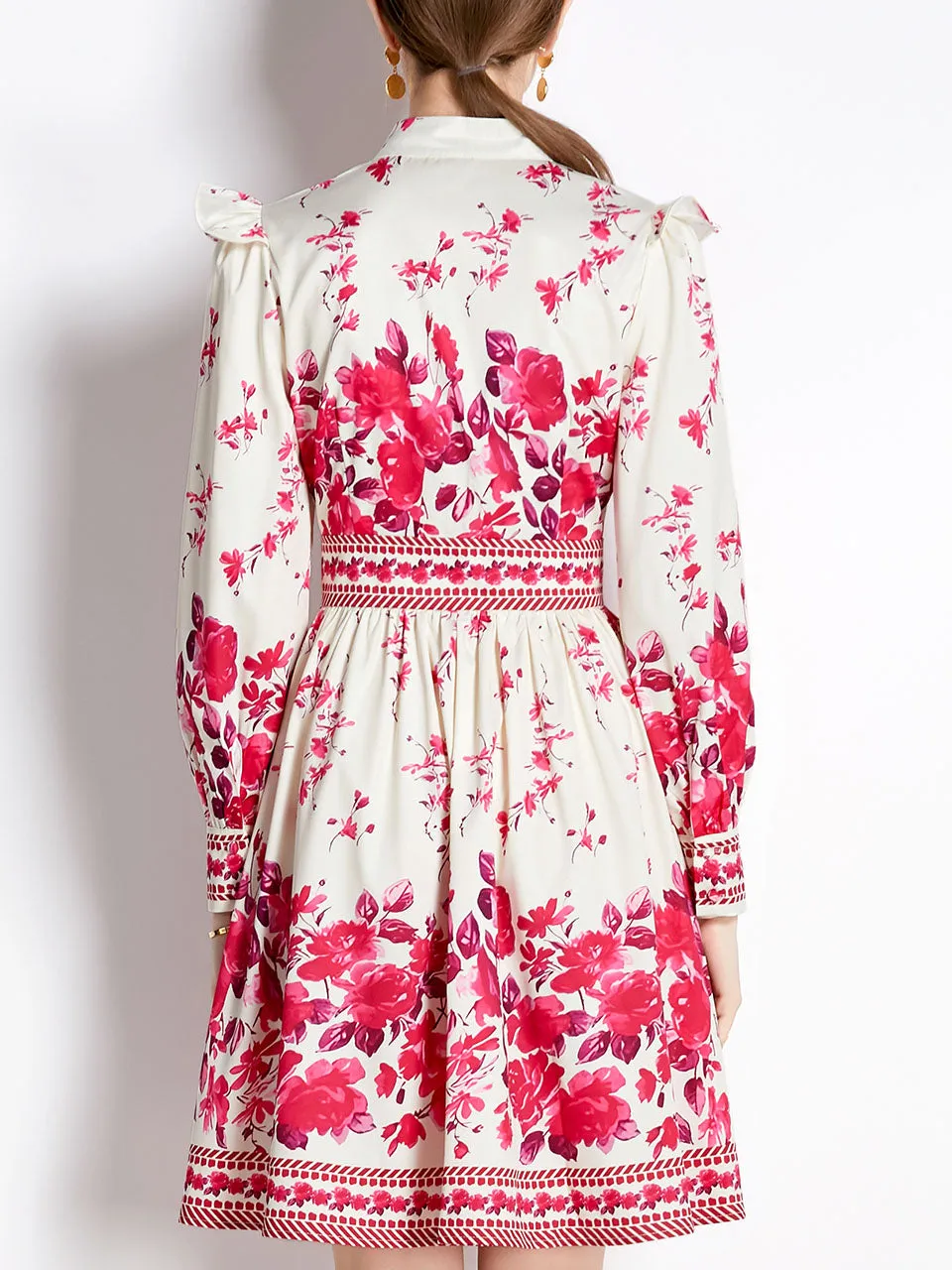 Rose Romantic Flower Print V Neck Long Sleeve Ruffles Holiday Dress For Women