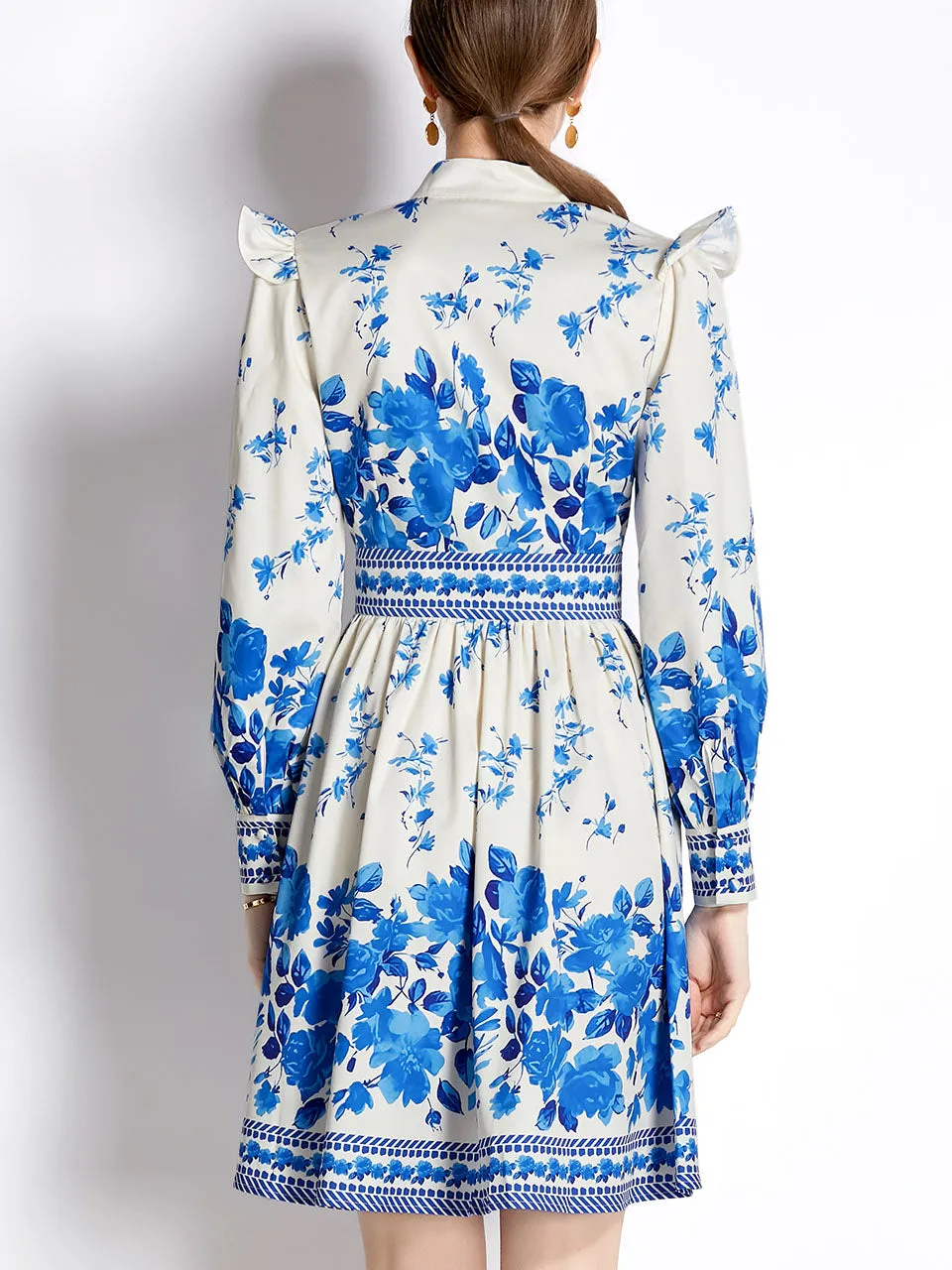 Rose Romantic Flower Print V Neck Long Sleeve Ruffles Holiday Dress For Women