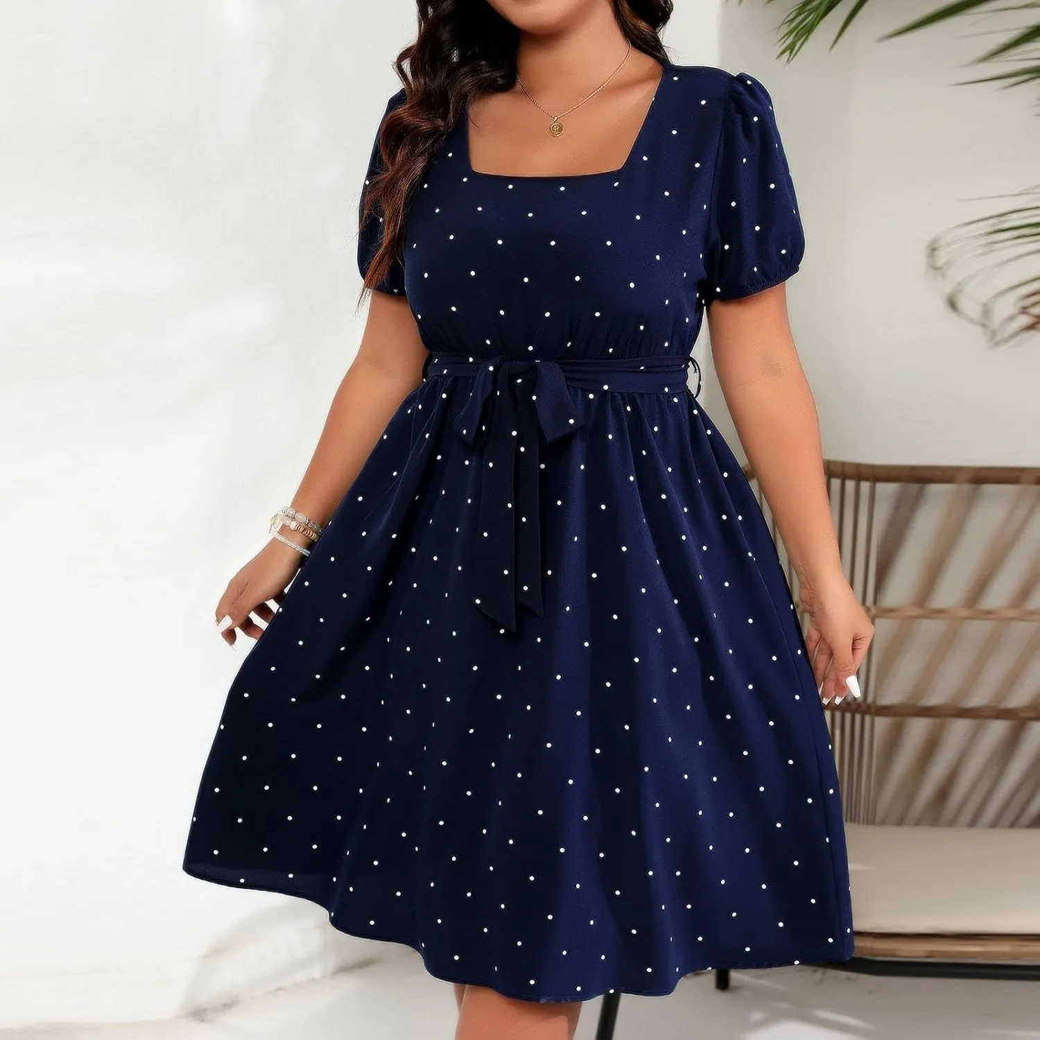 Short Polka Dot Dress for Women 2025 Vintage Square Neck Prom Party Loose Fit Dress with Belt Summer Casual Aline Dress