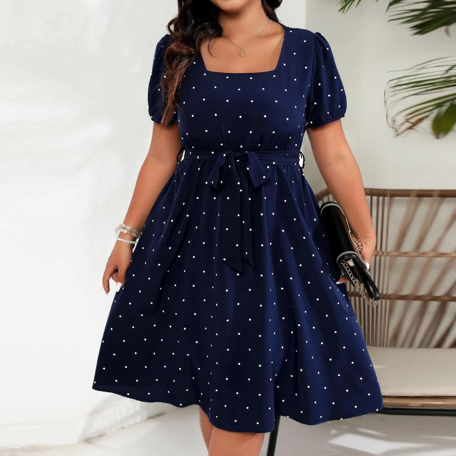 Short Polka Dot Dress for Women 2025 Vintage Square Neck Prom Party Loose Fit Dress with Belt Summer Casual Aline Dress