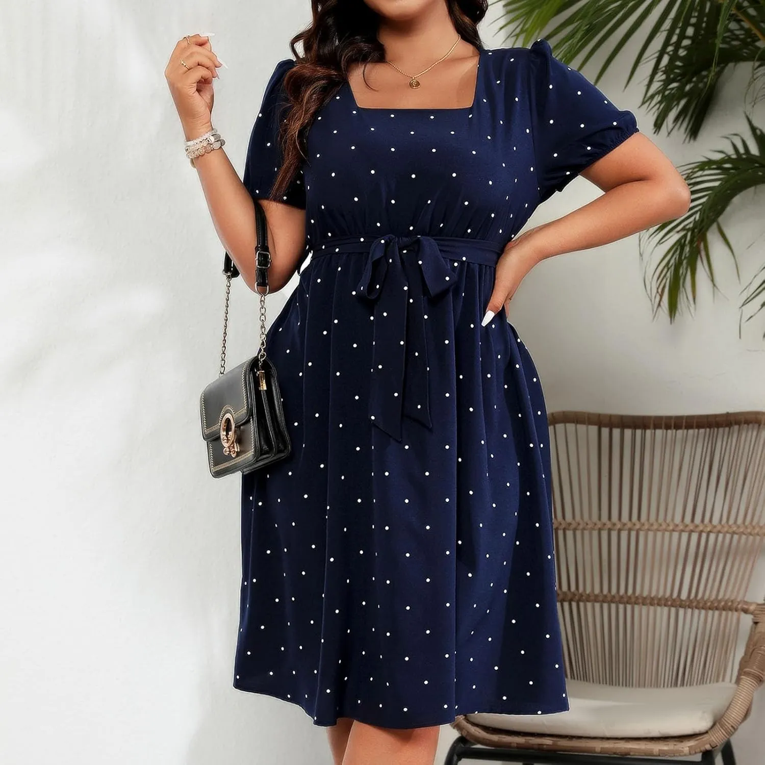 Short Polka Dot Dress for Women 2025 Vintage Square Neck Prom Party Loose Fit Dress with Belt Summer Casual Aline Dress