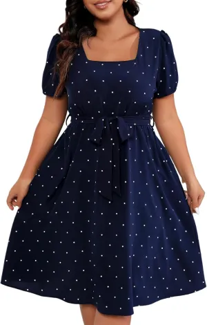 Short Polka Dot Dress for Women 2025 Vintage Square Neck Prom Party Loose Fit Dress with Belt Summer Casual Aline Dress
