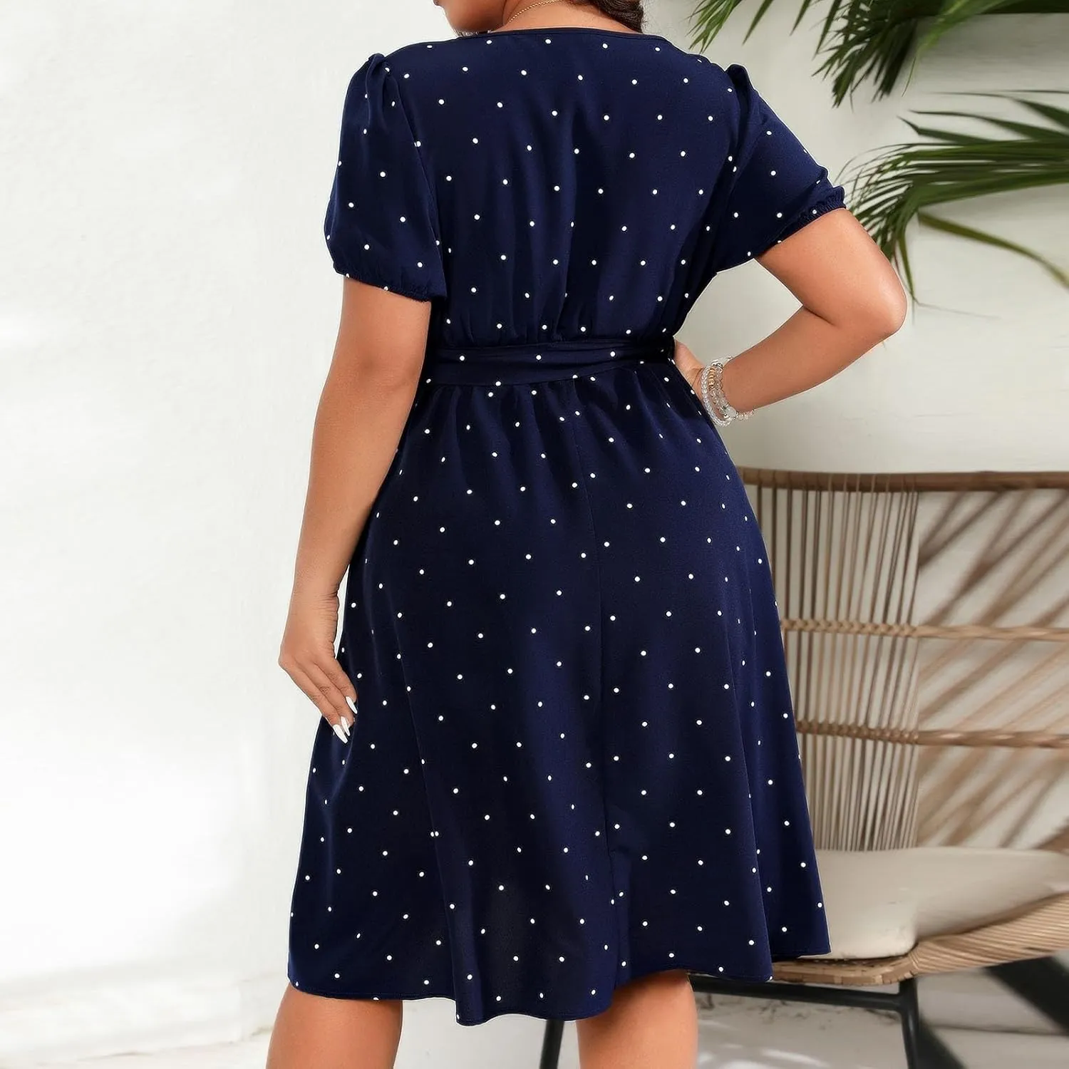 Short Polka Dot Dress for Women 2025 Vintage Square Neck Prom Party Loose Fit Dress with Belt Summer Casual Aline Dress