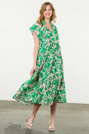 Short Sleeve Printed Dress- Green