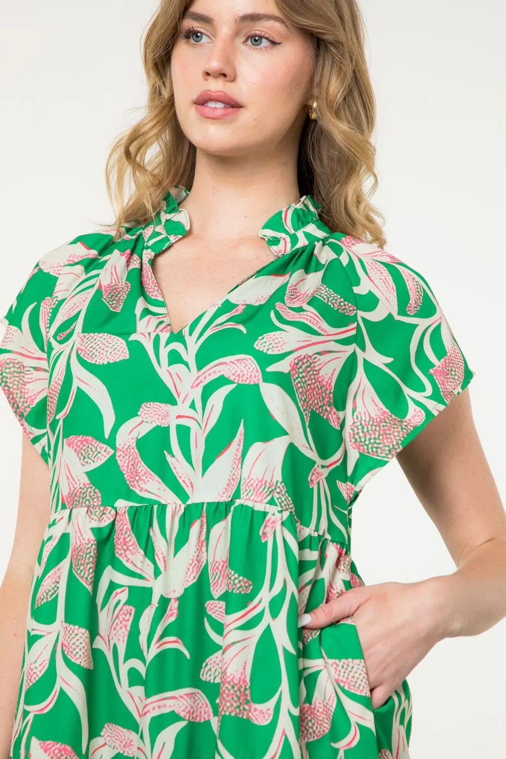 Short Sleeve Printed Dress- Green