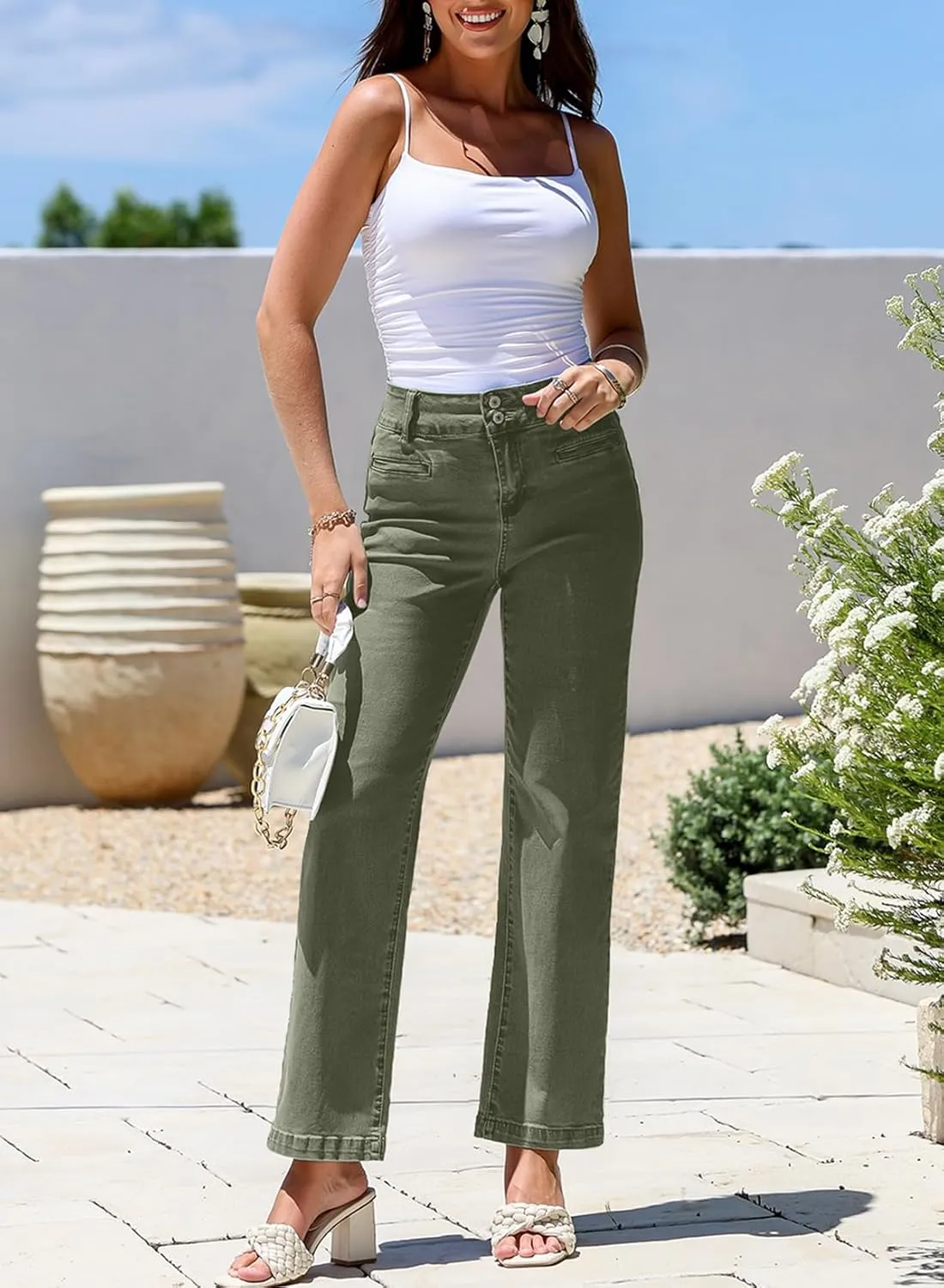 Sidefeel Women's Jeans High Waisted Straight Leg Stretchy Jeans Trendy Welt Pockets Loose Wide Leg Zimbaplatinum Denim Pants