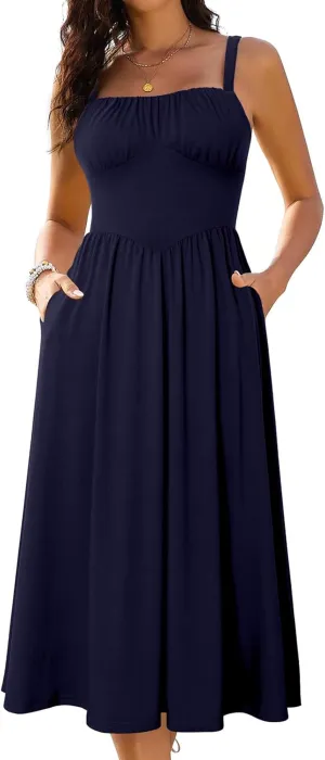 Sureple Long Dresses for Women 2025 Sleeveless Ruched Bust Swing Aline Fitted Spaghetti Strap Sundress with Pockets
