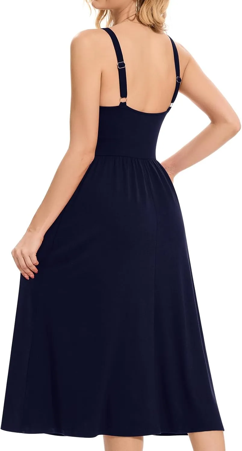 Sureple Long Dresses for Women 2025 Sleeveless Ruched Bust Swing Aline Fitted Spaghetti Strap Sundress with Pockets