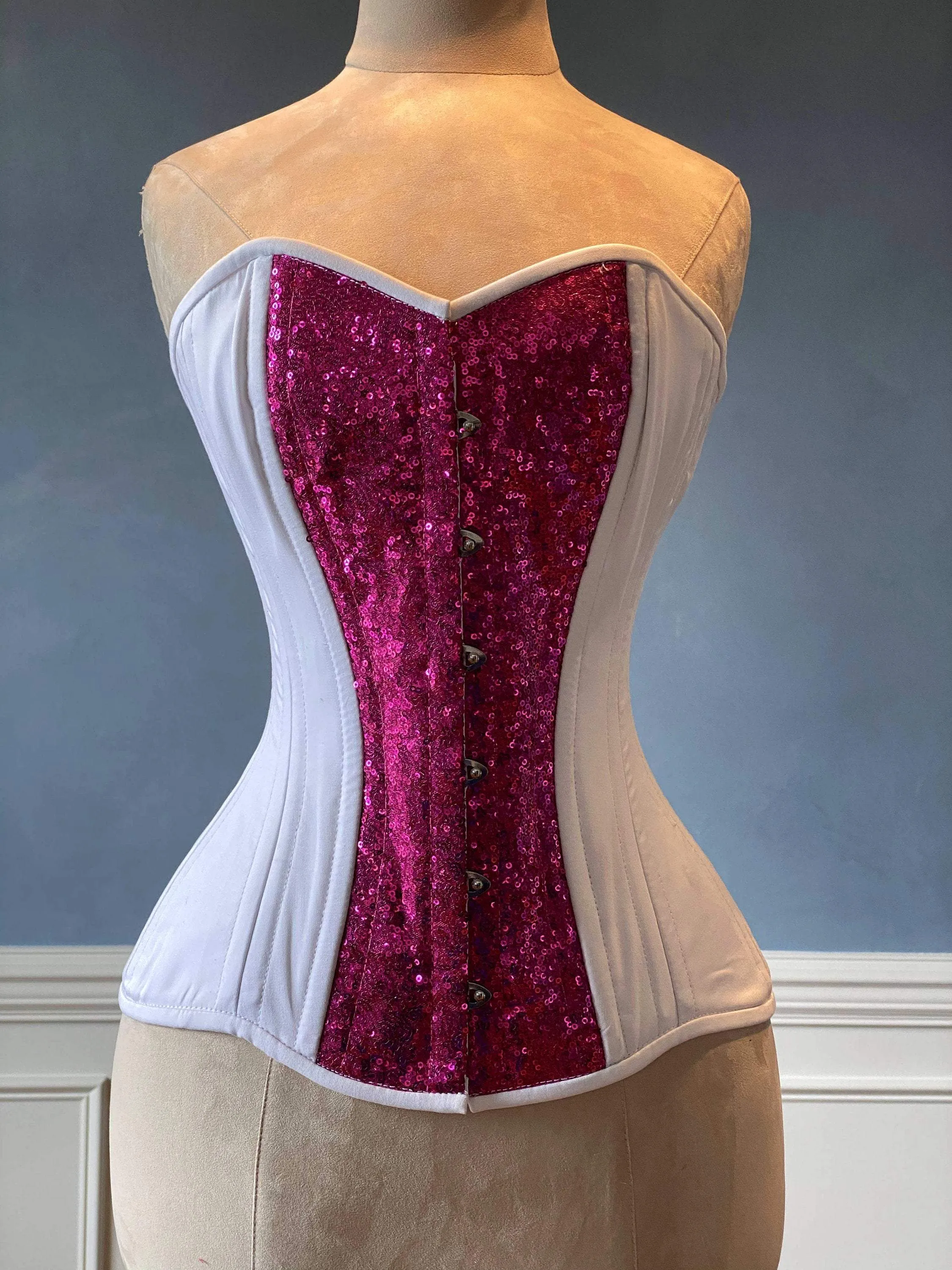 Tuna Sushi shiny sequins and cotton overbust authentic corset with long hip-line. Steel-boned corset for tight lacing, wedding, valentine