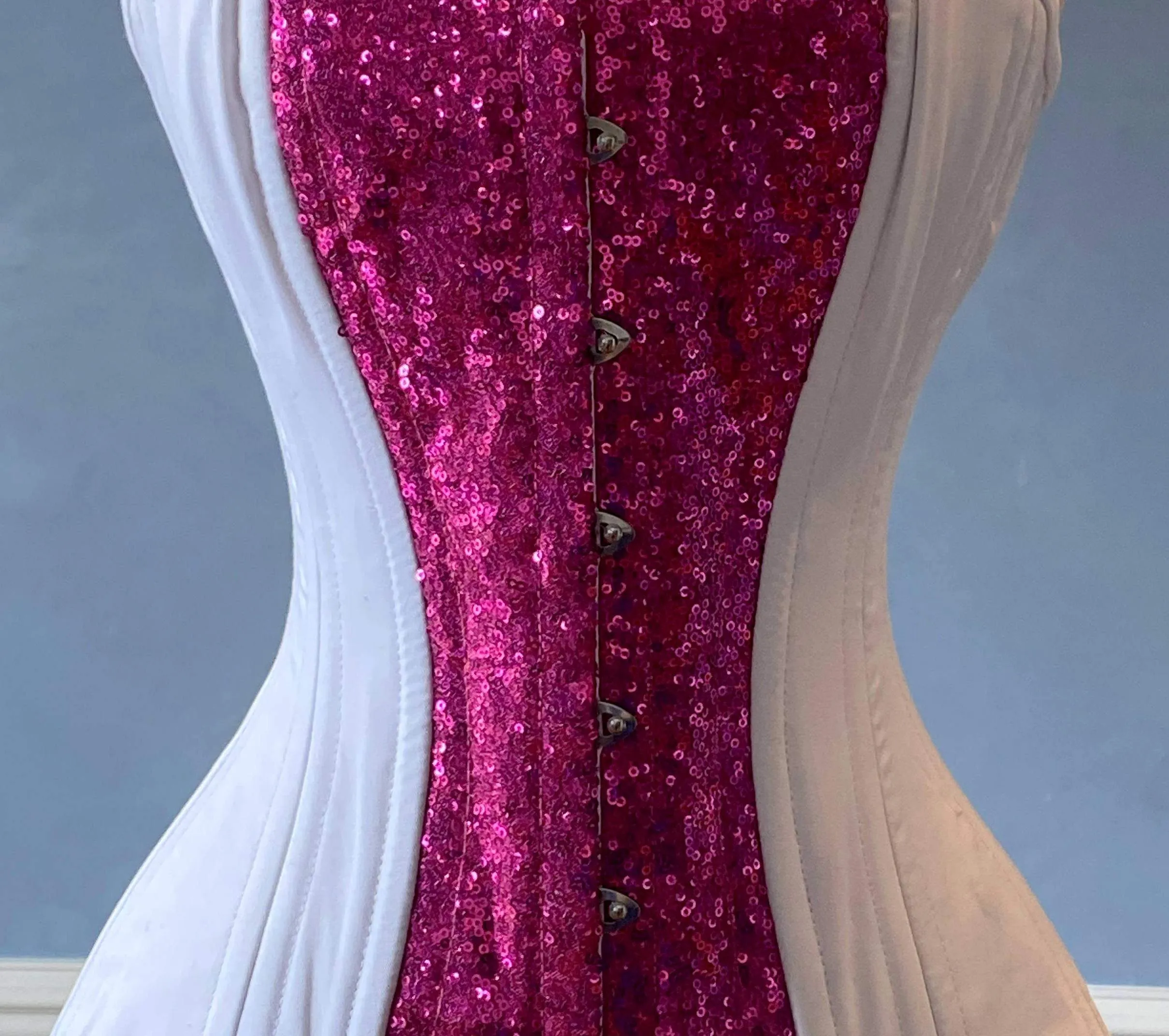 Tuna Sushi shiny sequins and cotton overbust authentic corset with long hip-line. Steel-boned corset for tight lacing, wedding, valentine