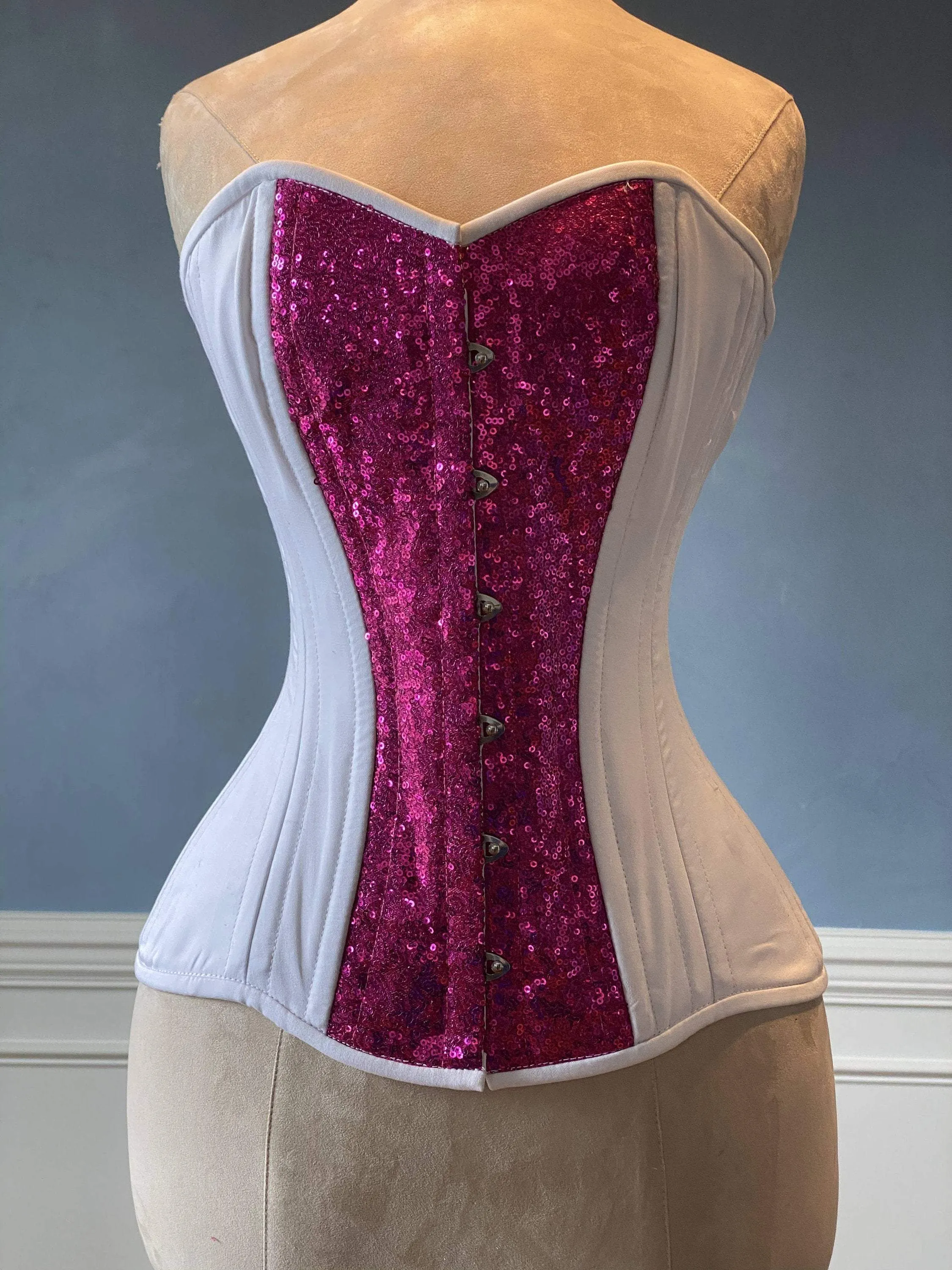 Tuna Sushi shiny sequins and cotton overbust authentic corset with long hip-line. Steel-boned corset for tight lacing, wedding, valentine