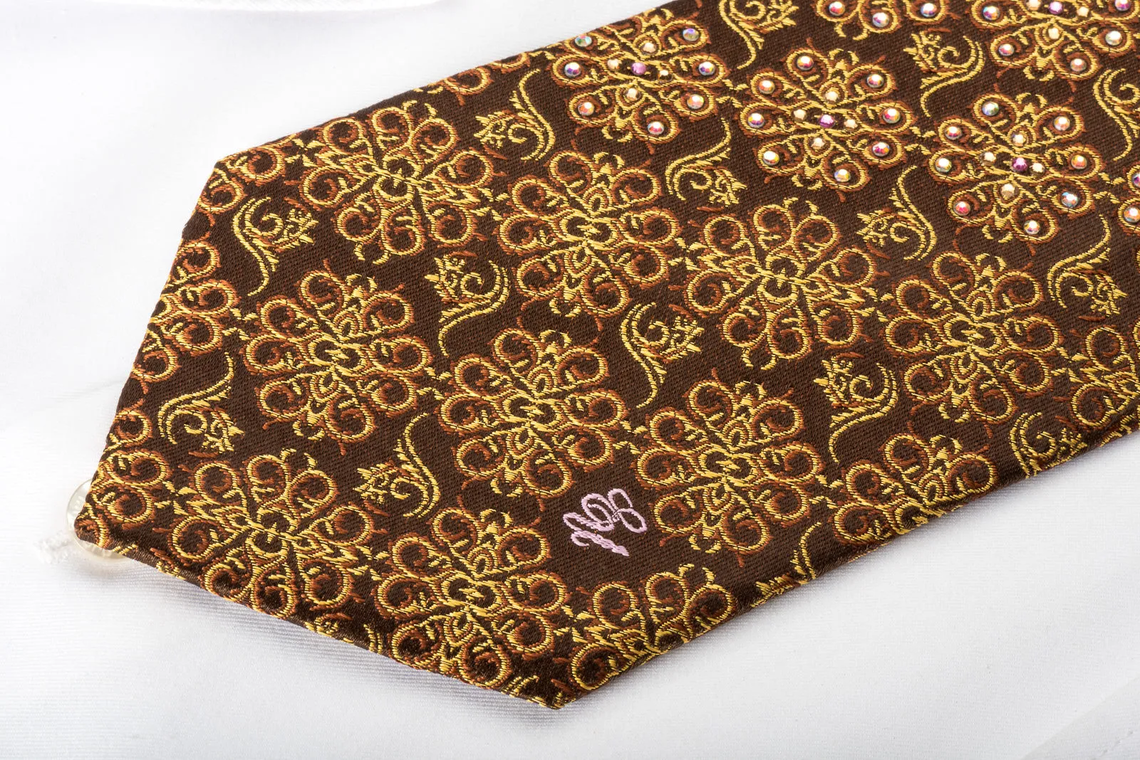 Ungaro Silk Rhinestone Necktie Golden Floral Purple Waves On Brown With Golden Sparkles