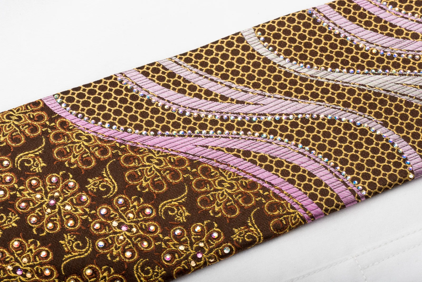 Ungaro Silk Rhinestone Necktie Golden Floral Purple Waves On Brown With Golden Sparkles