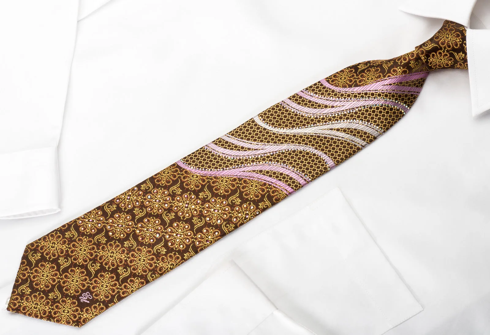Ungaro Silk Rhinestone Necktie Golden Floral Purple Waves On Brown With Golden Sparkles