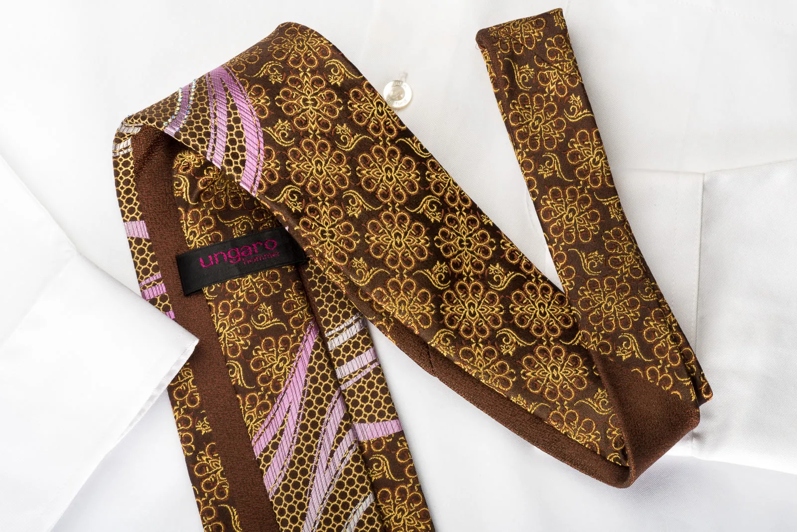 Ungaro Silk Rhinestone Necktie Golden Floral Purple Waves On Brown With Golden Sparkles