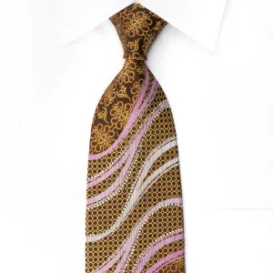 Ungaro Silk Rhinestone Necktie Golden Floral Purple Waves On Brown With Golden Sparkles