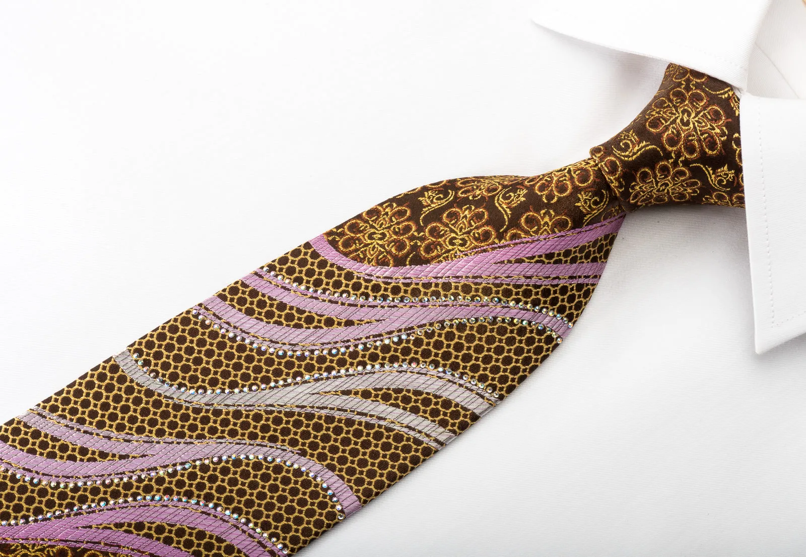 Ungaro Silk Rhinestone Necktie Golden Floral Purple Waves On Brown With Golden Sparkles