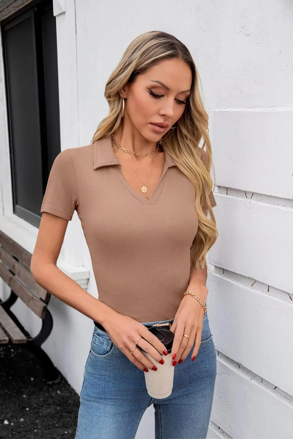 VICHYIE Womens Short Sleeve Shirts Lapel Collared V Neck Slim Fitted Ribbed Knit Tight Polo Tops
