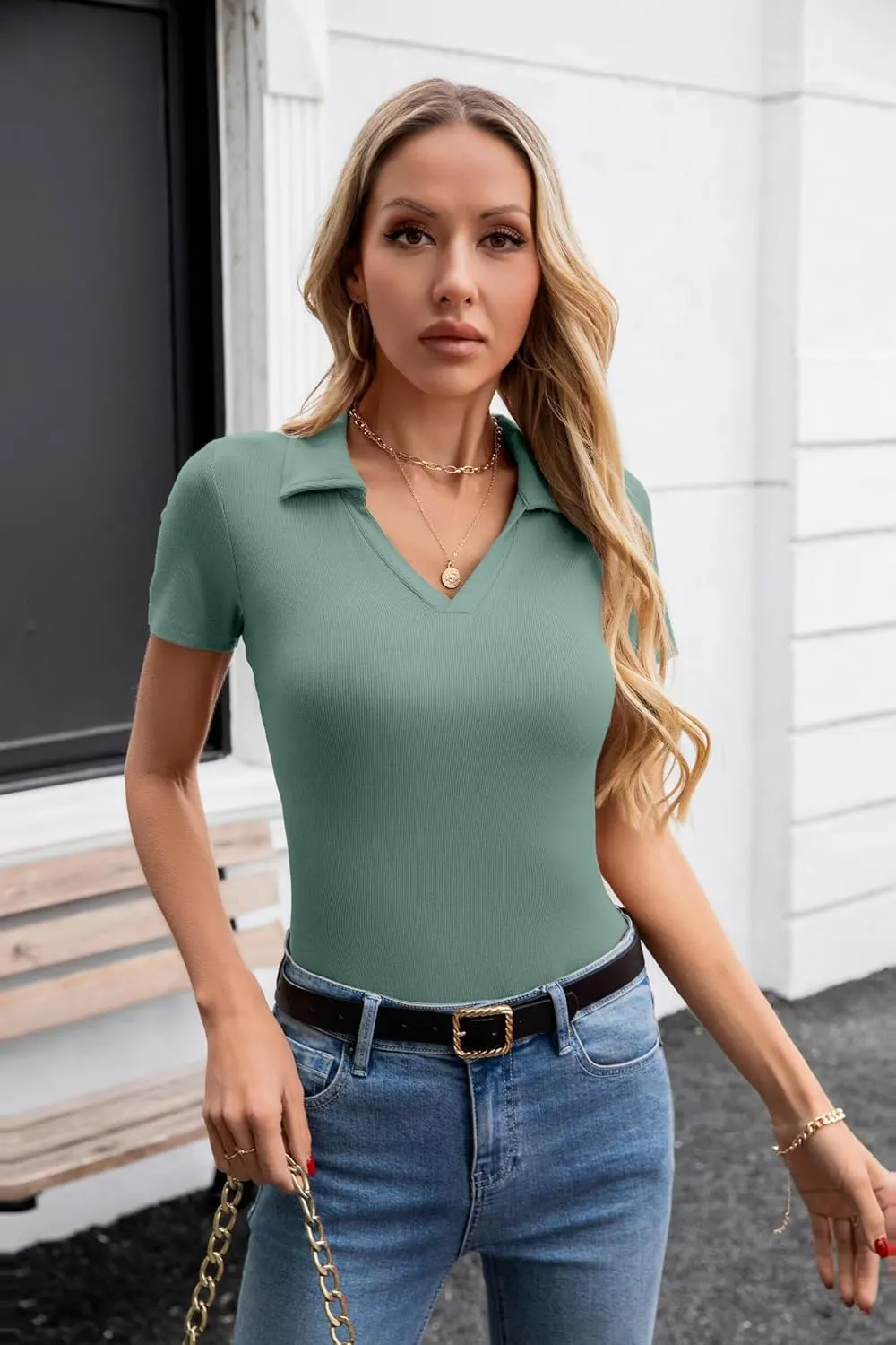 VICHYIE Womens Short Sleeve Shirts Lapel Collared V Neck Slim Fitted Ribbed Knit Tight Polo Tops