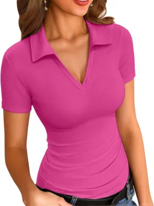 VICHYIE Womens Short Sleeve Shirts Lapel Collared V Neck Slim Fitted Ribbed Knit Tight Polo Tops