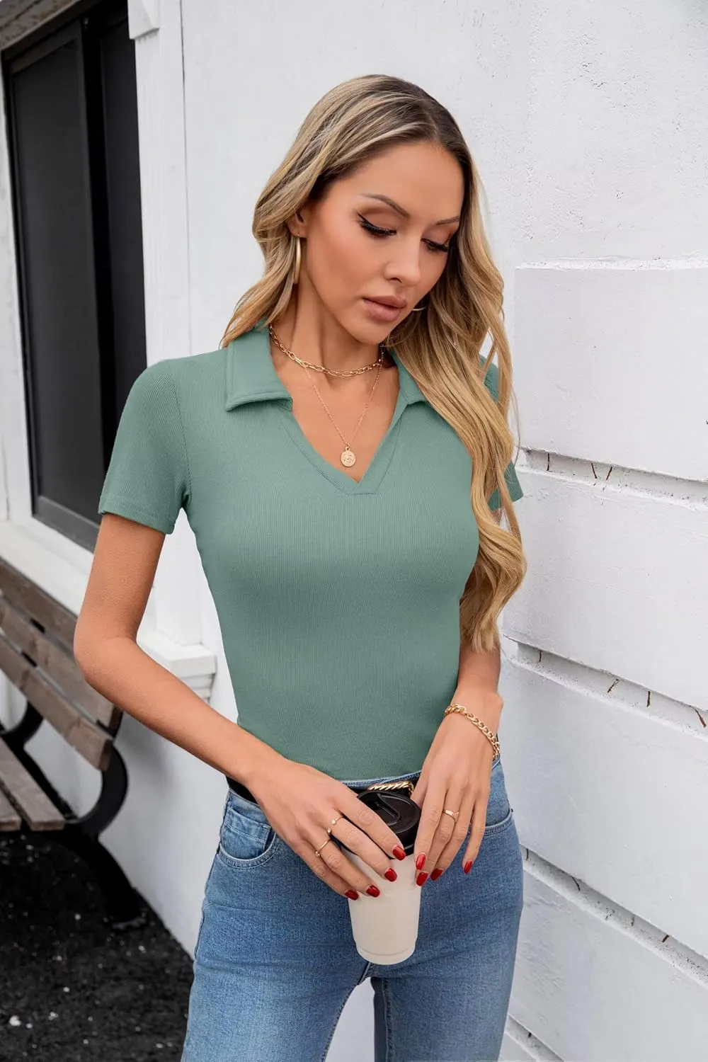 VICHYIE Womens Short Sleeve Shirts Lapel Collared V Neck Slim Fitted Ribbed Knit Tight Polo Tops