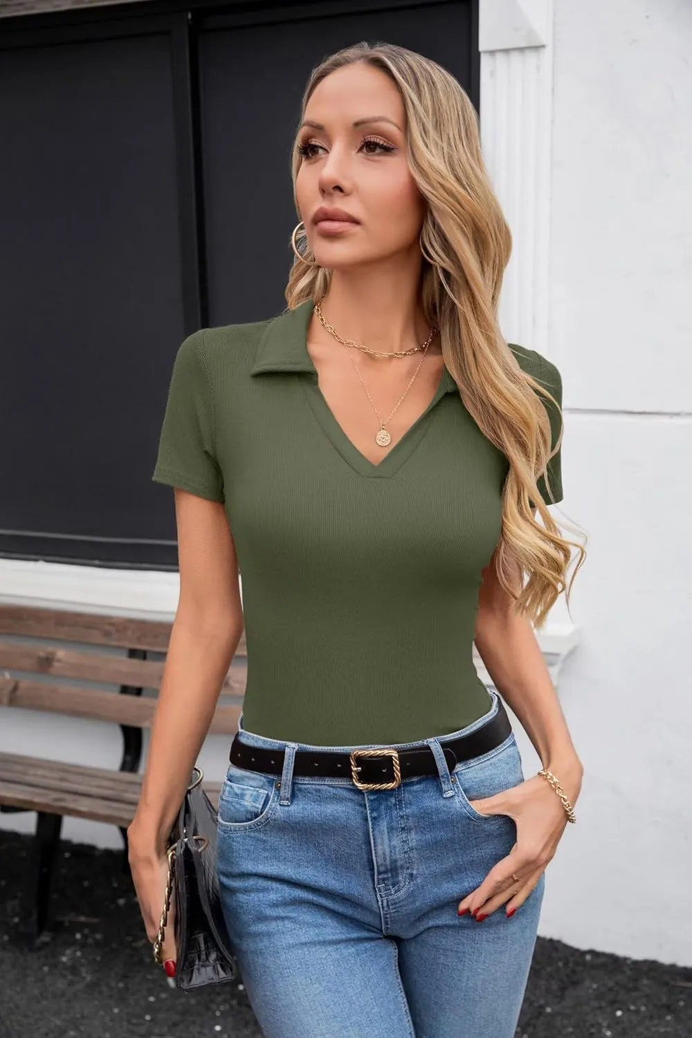VICHYIE Womens Short Sleeve Shirts Lapel Collared V Neck Slim Fitted Ribbed Knit Tight Polo Tops