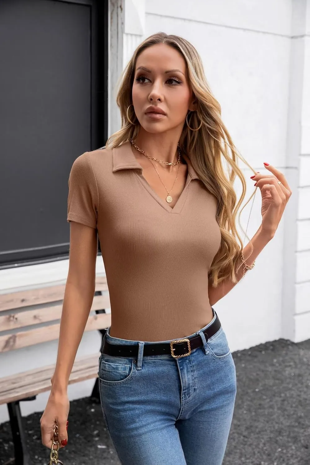 VICHYIE Womens Short Sleeve Shirts Lapel Collared V Neck Slim Fitted Ribbed Knit Tight Polo Tops