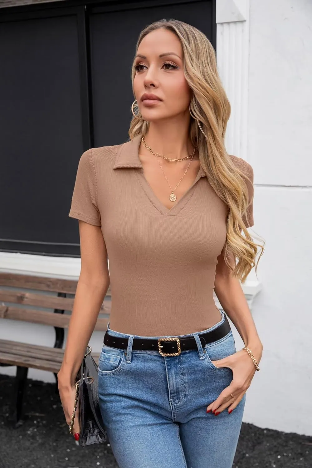 VICHYIE Womens Short Sleeve Shirts Lapel Collared V Neck Slim Fitted Ribbed Knit Tight Polo Tops