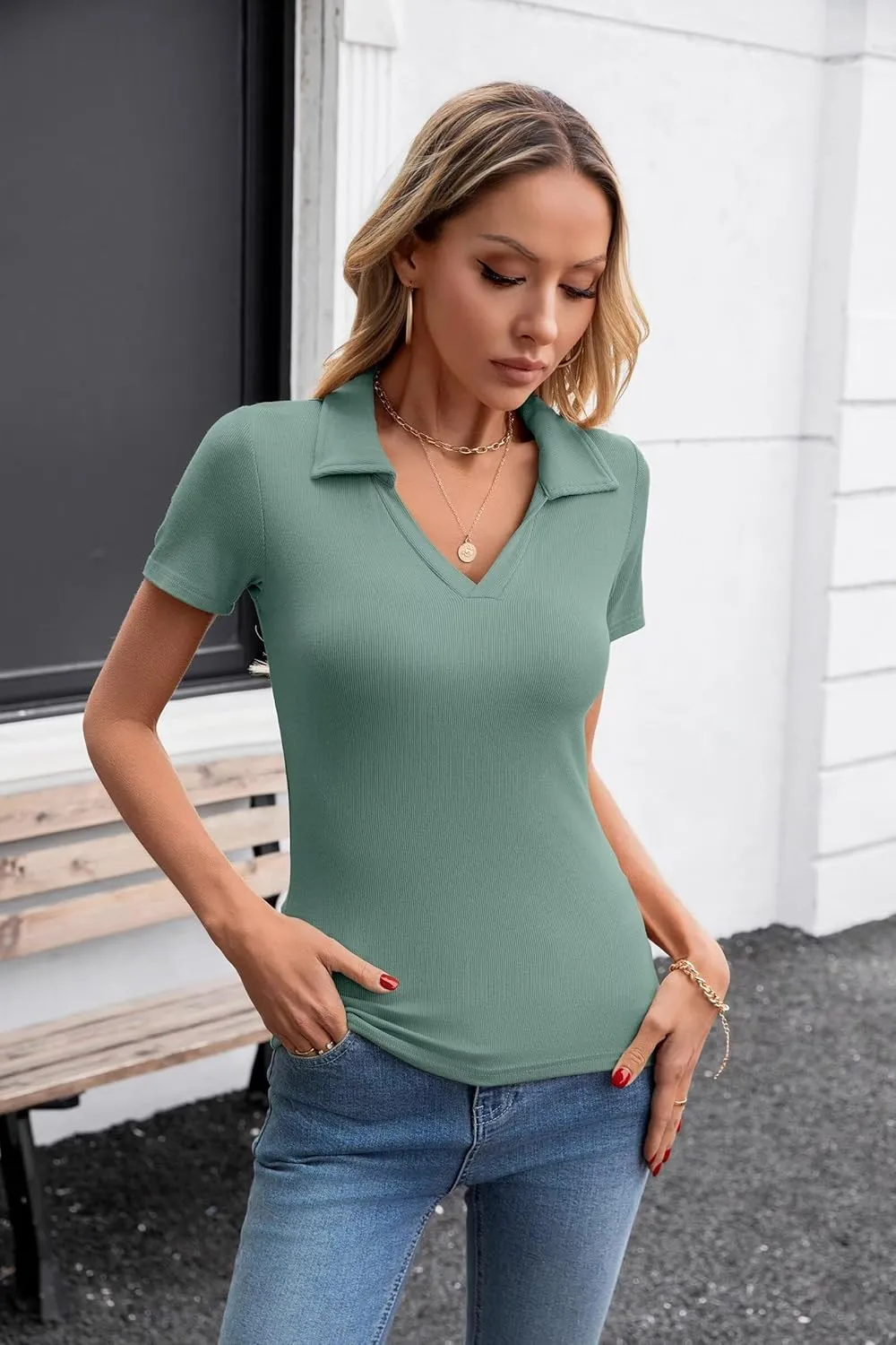 VICHYIE Womens Short Sleeve Shirts Lapel Collared V Neck Slim Fitted Ribbed Knit Tight Polo Tops