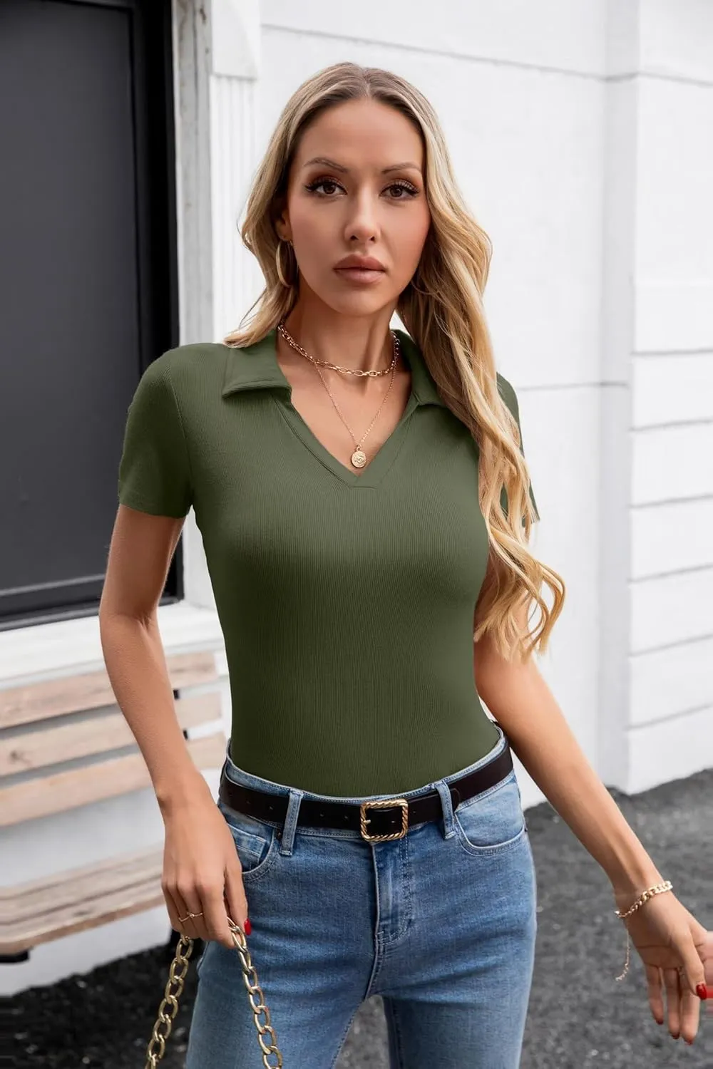 VICHYIE Womens Short Sleeve Shirts Lapel Collared V Neck Slim Fitted Ribbed Knit Tight Polo Tops