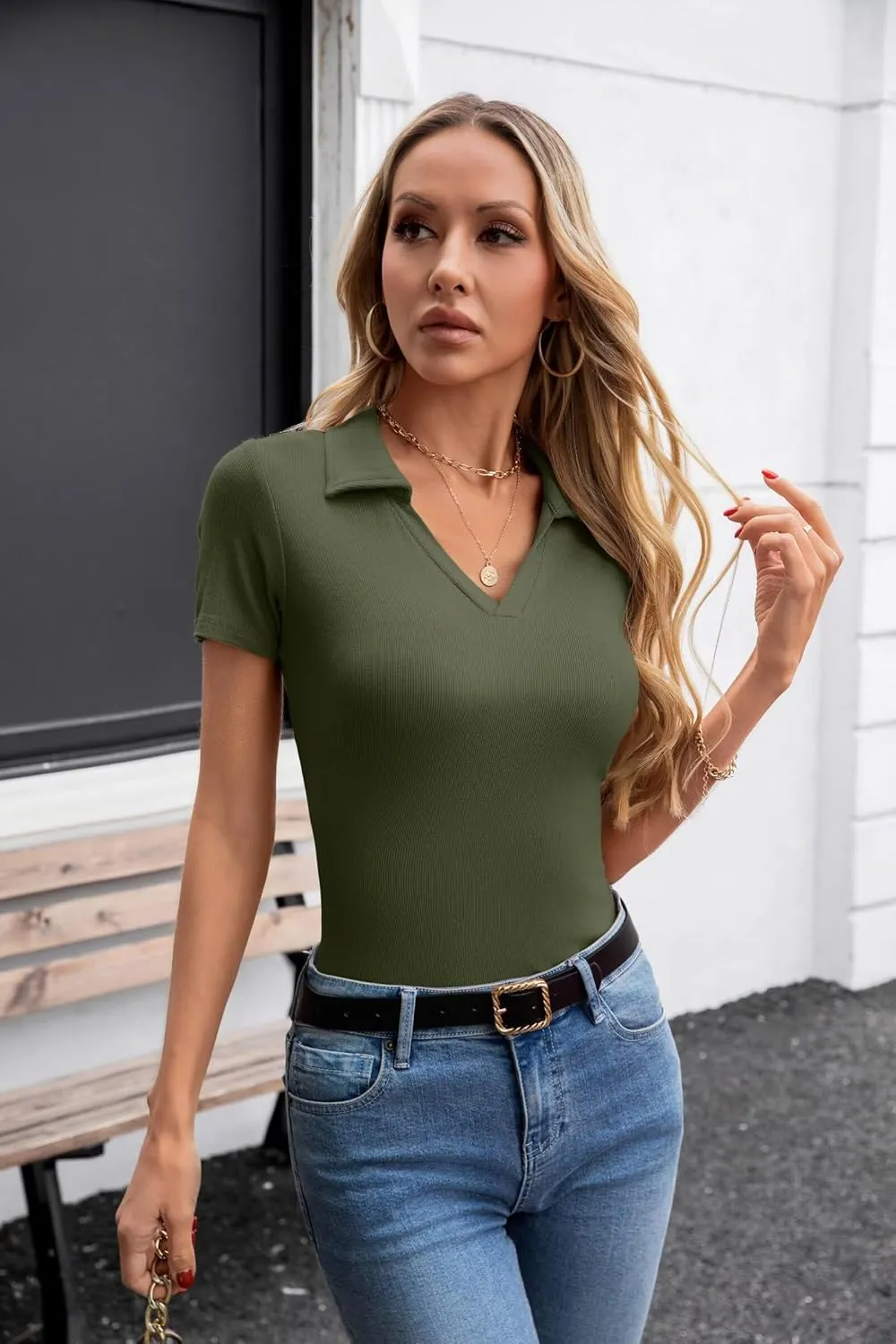 VICHYIE Womens Short Sleeve Shirts Lapel Collared V Neck Slim Fitted Ribbed Knit Tight Polo Tops