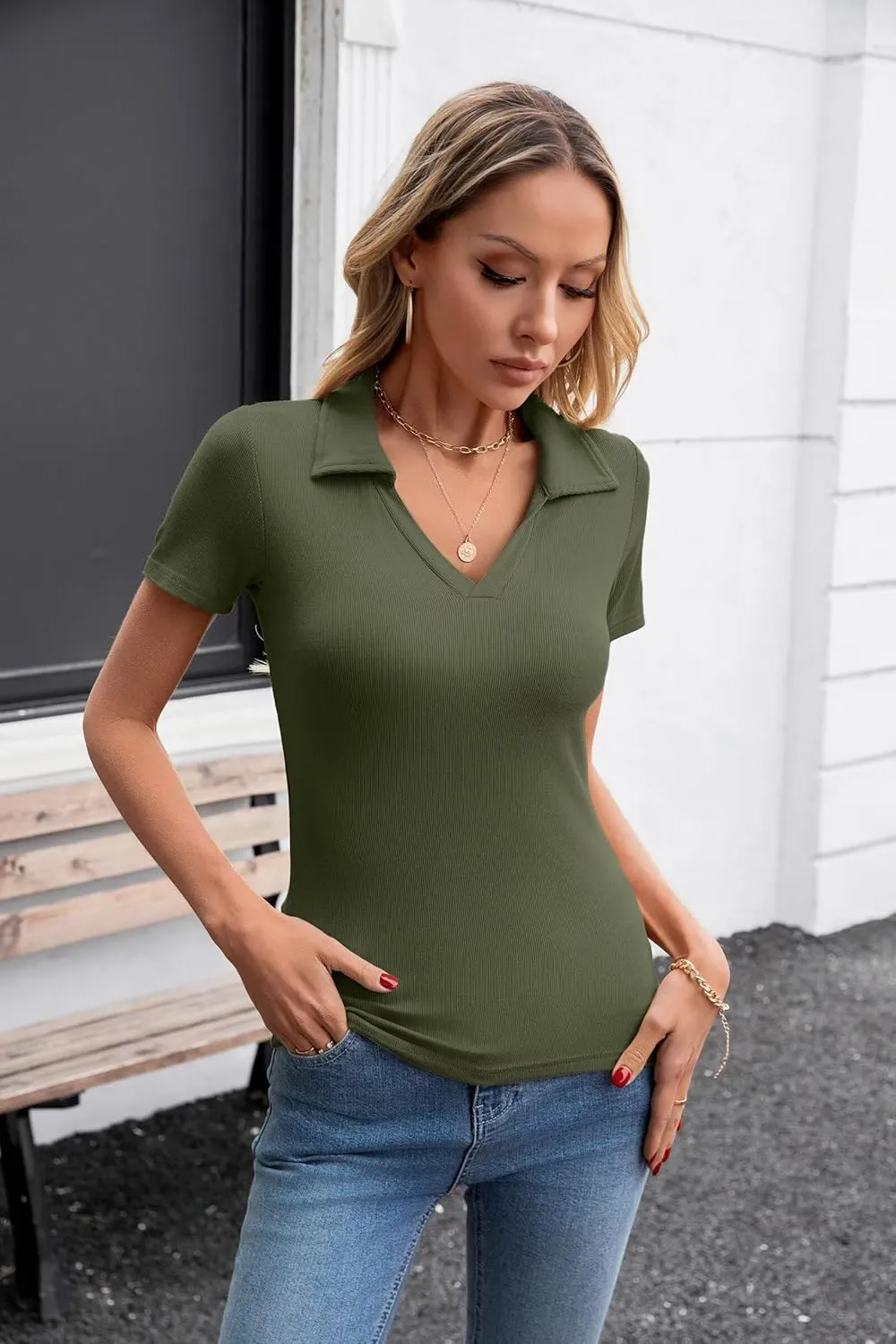 VICHYIE Womens Short Sleeve Shirts Lapel Collared V Neck Slim Fitted Ribbed Knit Tight Polo Tops