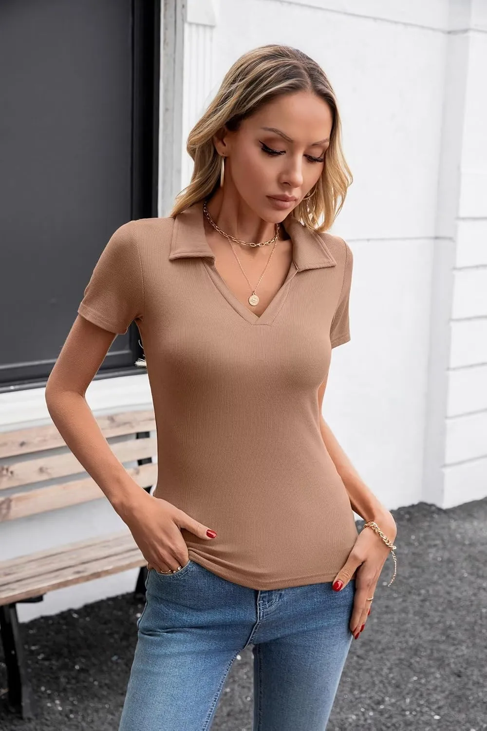 VICHYIE Womens Short Sleeve Shirts Lapel Collared V Neck Slim Fitted Ribbed Knit Tight Polo Tops