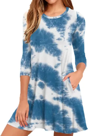 VIISHOW Womens Round Neck 3/4 Sleeves A-line Casual Tshirt Dress with Pocket