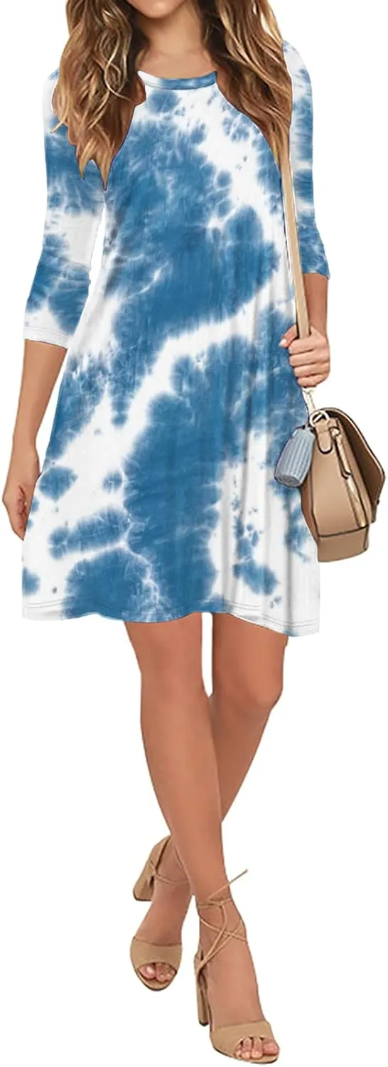 VIISHOW Womens Round Neck 3/4 Sleeves A-line Casual Tshirt Dress with Pocket