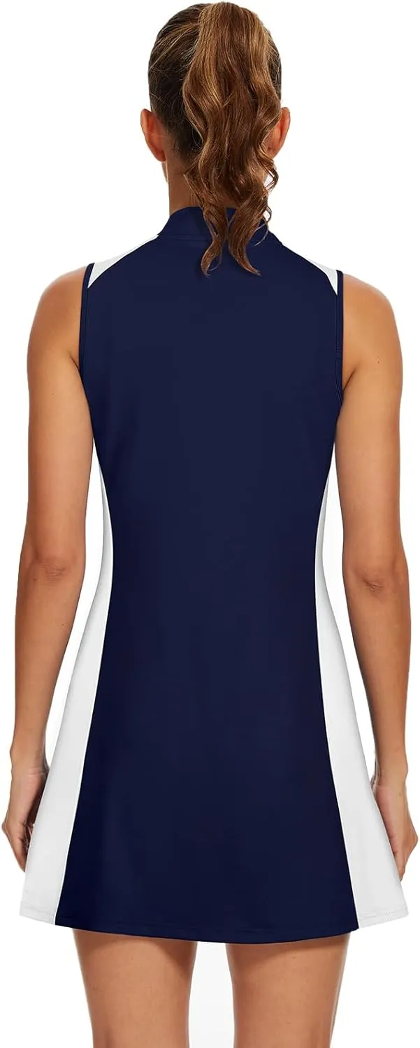 Viracy Tennis Dress Golf Dresses for Women with Shorts, Pockets Sleeveless Zip Up Stand Collar Lightweight Athletic Dress