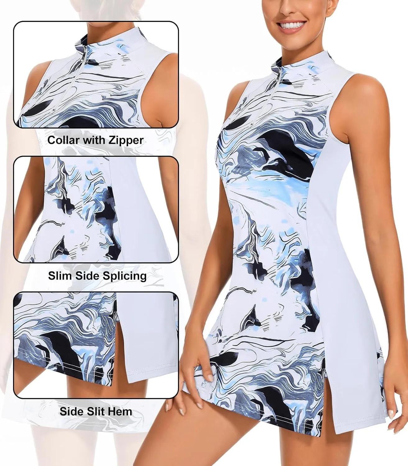 Viracy Tennis Dress Golf Dresses for Women with Shorts, Pockets Sleeveless Zip Up Stand Collar Lightweight Athletic Dress