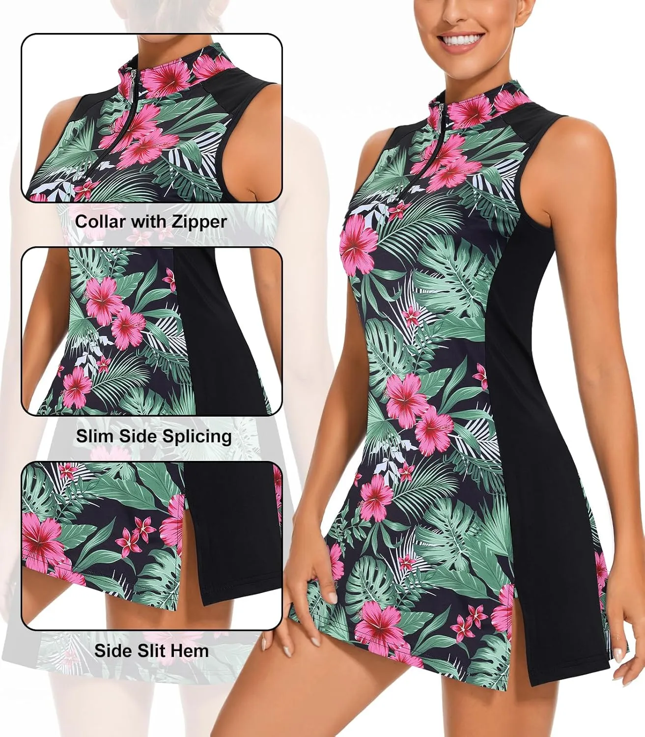 Viracy Tennis Dress Golf Dresses for Women with Shorts, Pockets Sleeveless Zip Up Stand Collar Lightweight Athletic Dress